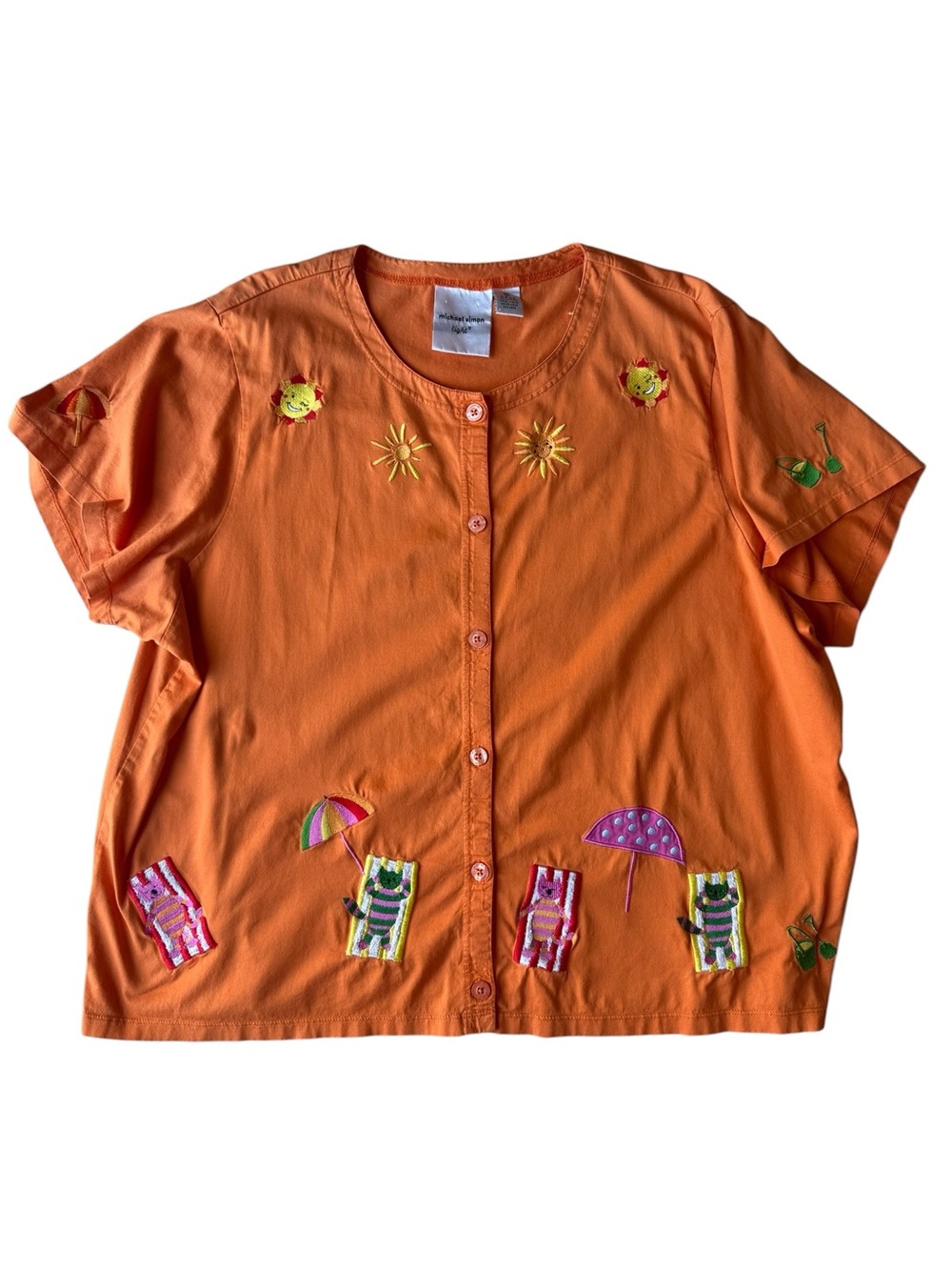 Vintage Michael Simon Orange Cat Summer Embroidered Button-Front